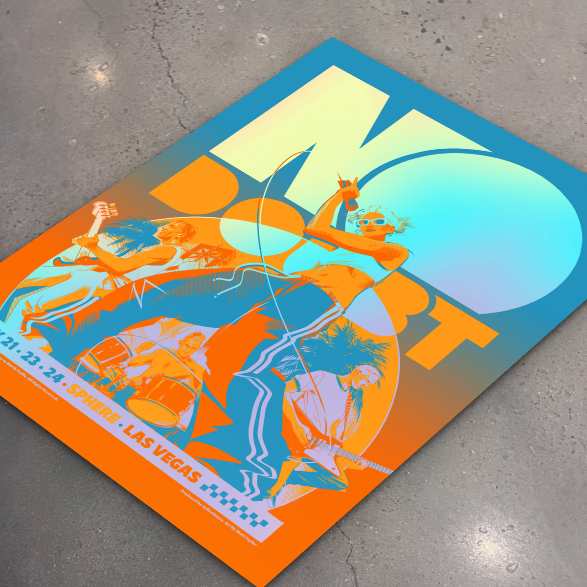 No Doubt · Sphere May 21-24 (Sparkle Foil) — flat lay on shop floor