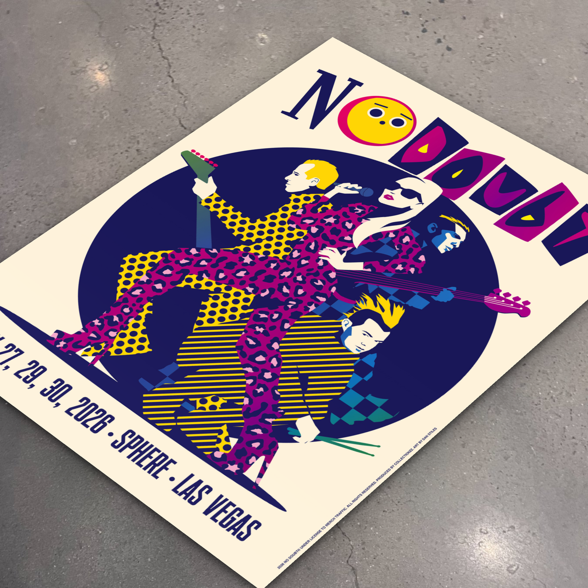 No Doubt · Sphere May 27-30 (Sparkle Foil) — flat lay on shop floor