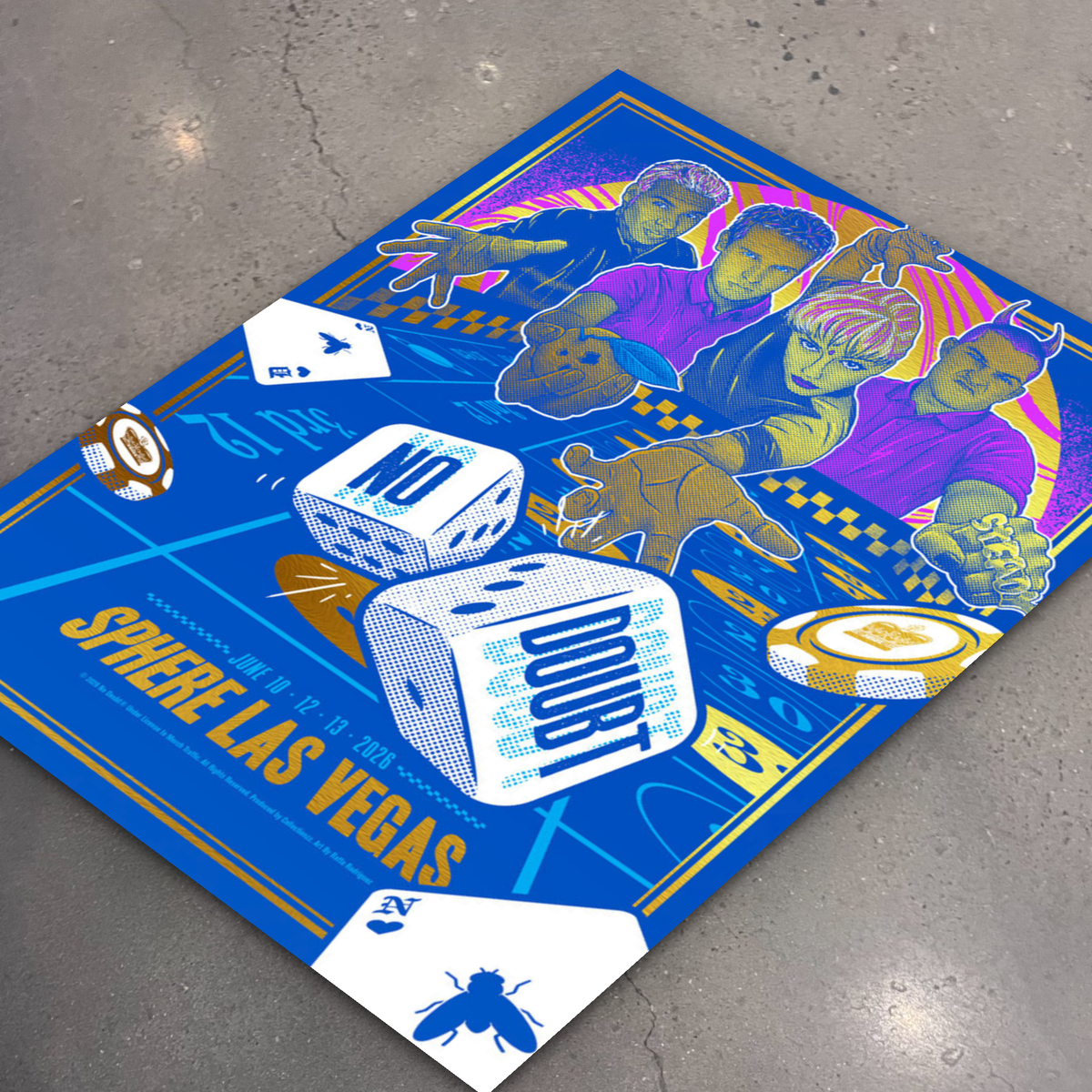 No Doubt · Sphere June 10-13 (Sparkle Foil) — flat lay on shop floor