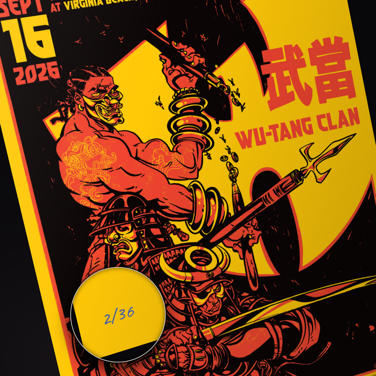 Wu-Tang Clan · Virginia Beach — hand-numbered corner detail (representative serial 2/36)