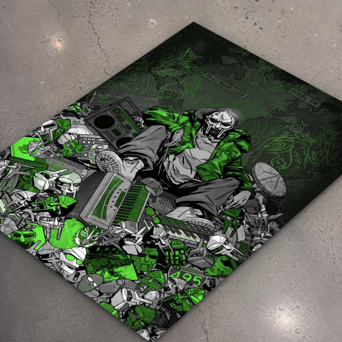 MF DOOM x Sanford Greene Print (Green & Silver Foil Edition) poster, flat lay