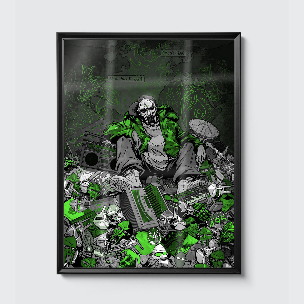 MF DOOM x Sanford Greene Print (Green & Silver Foil Edition) poster, framed on the wall