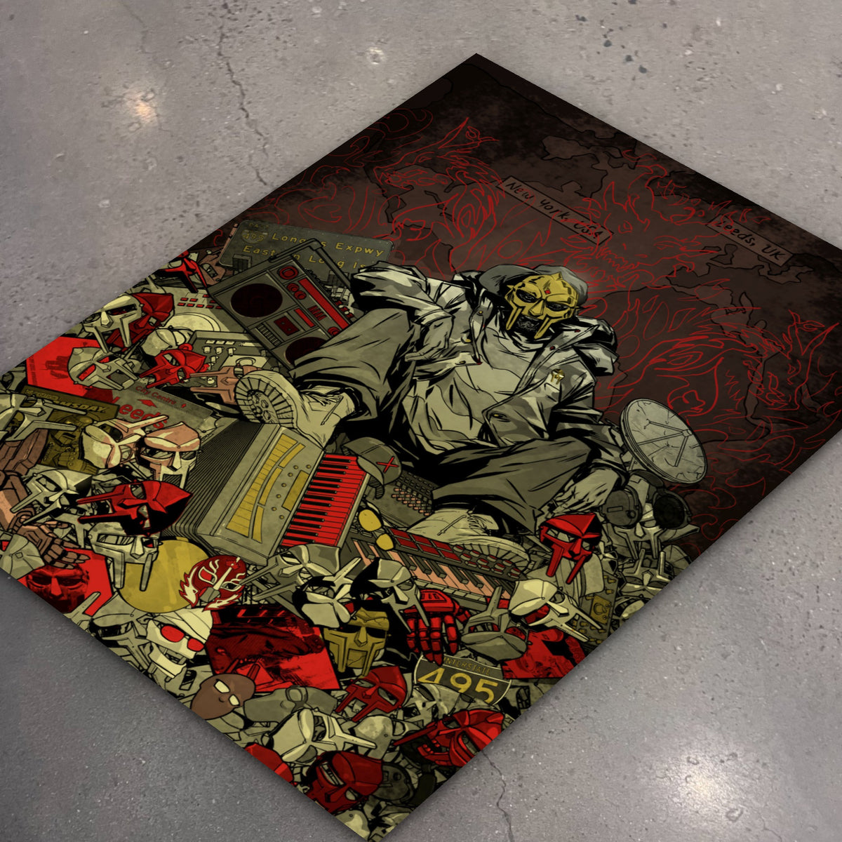 MF DOOM x Sanford Greene Print (Red & Gold Foil Edition) poster, flat lay