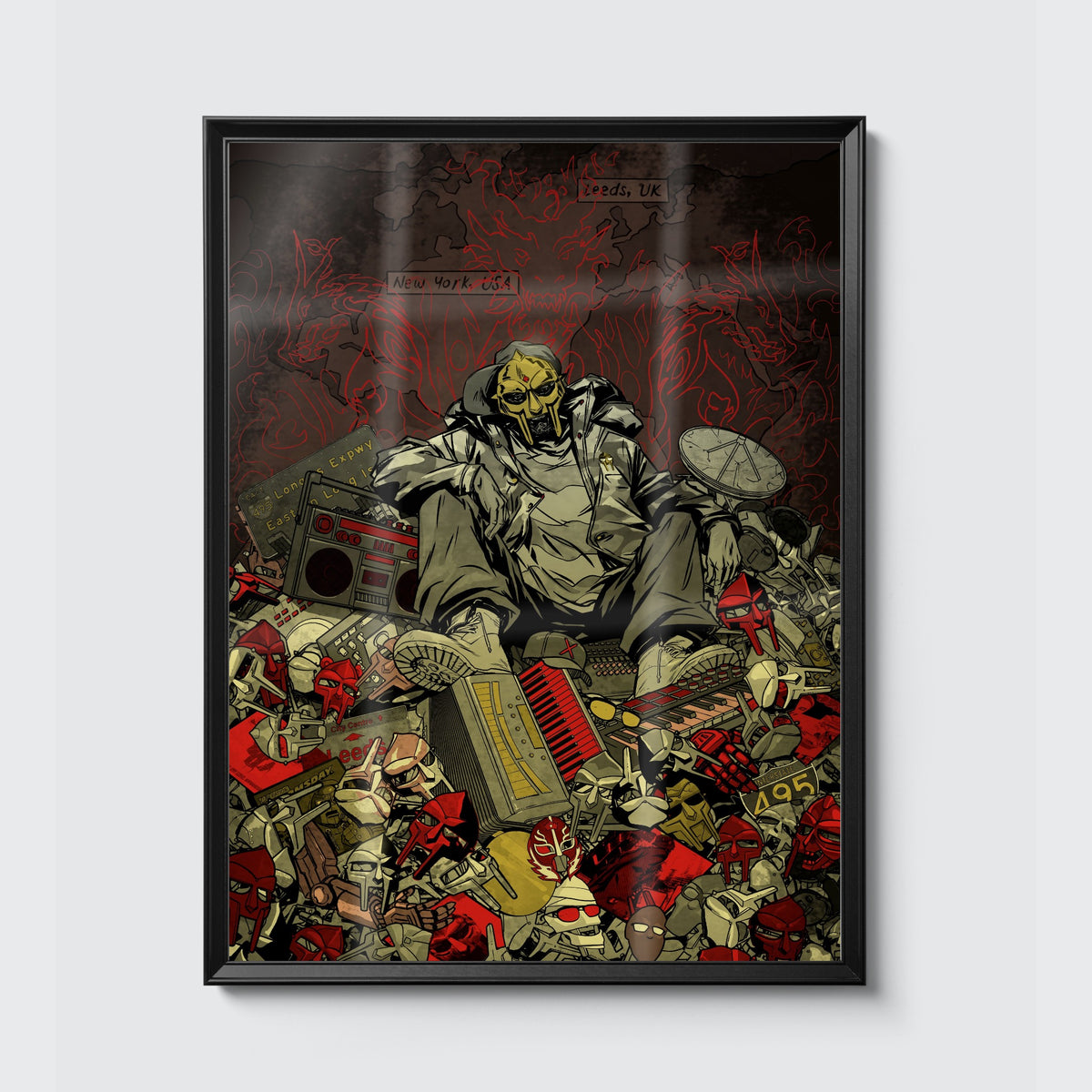 MF DOOM x Sanford Greene Print (Red & Gold Foil Edition) poster, framed on the wall