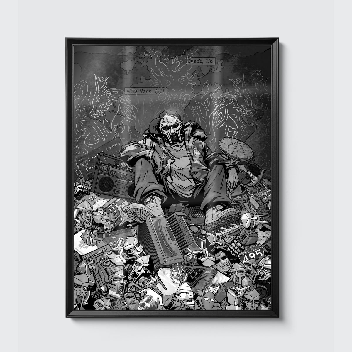 MF DOOM x Sanford Greene Print (Silver Foil Edition) poster, framed on the wall