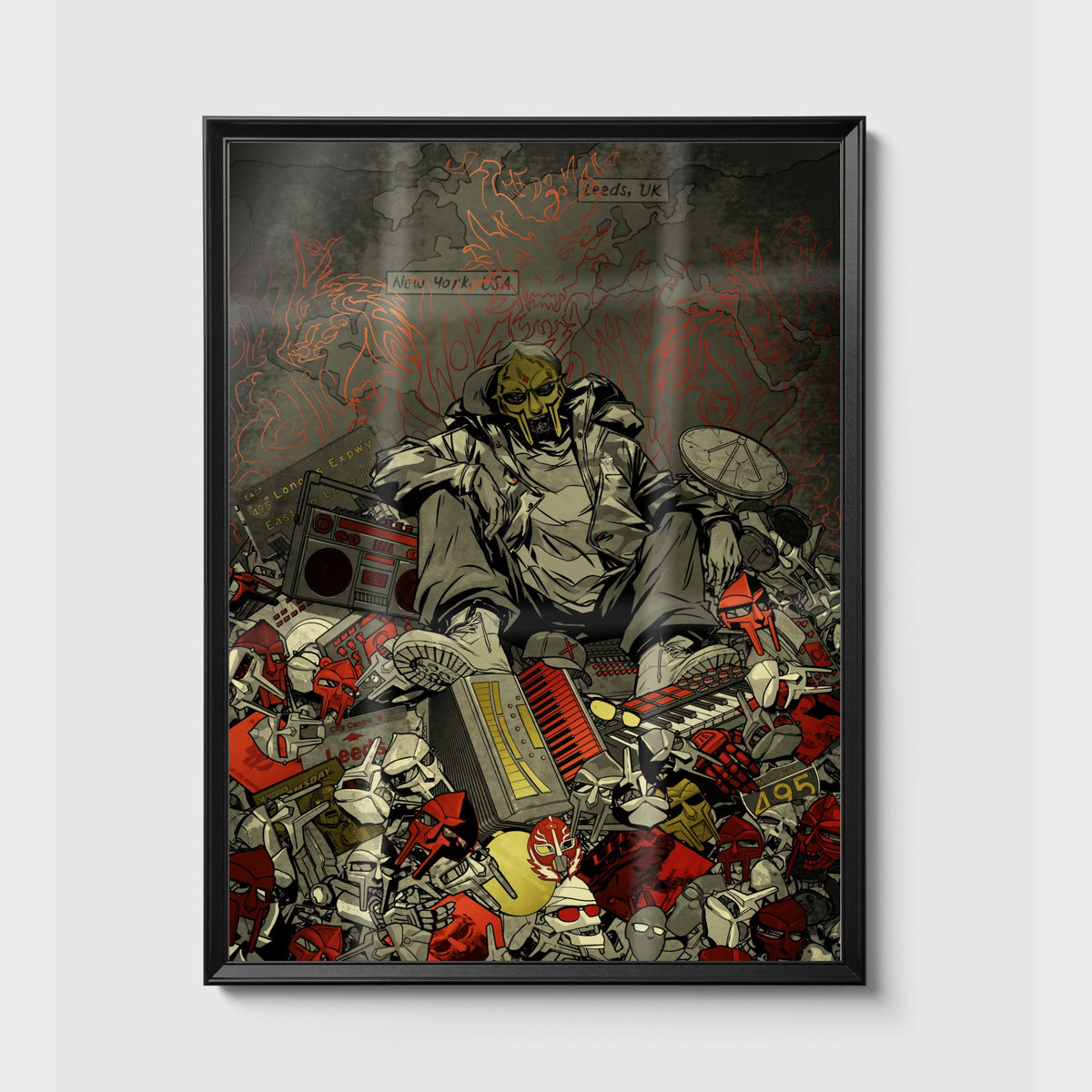 MF DOOM x Sanford Greene Print (Red & Gold Foil Edition) poster, framed on the wall