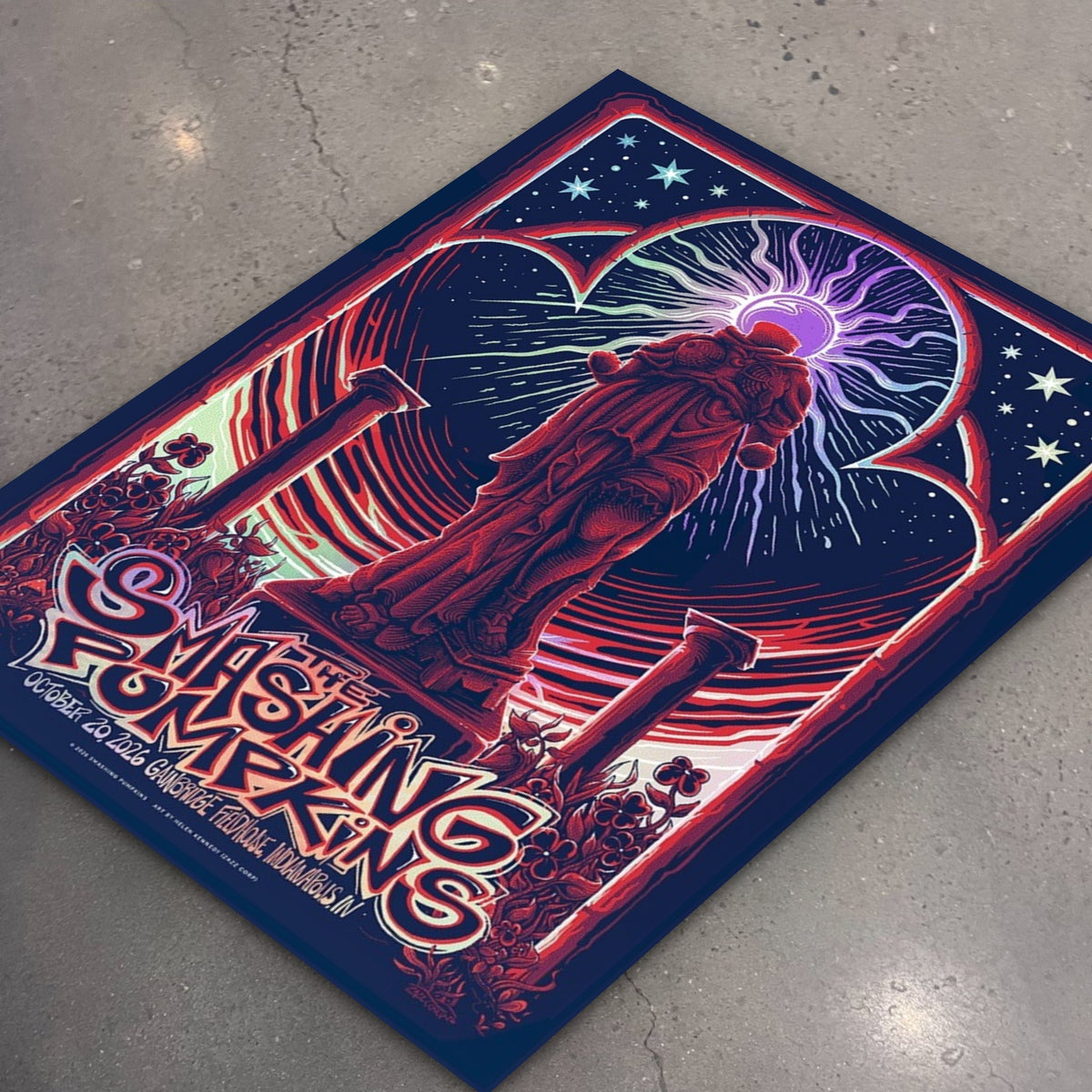 The Smashing Pumpkins Indianapolis October 20, 2026 (Foil Edition) poster, flat lay