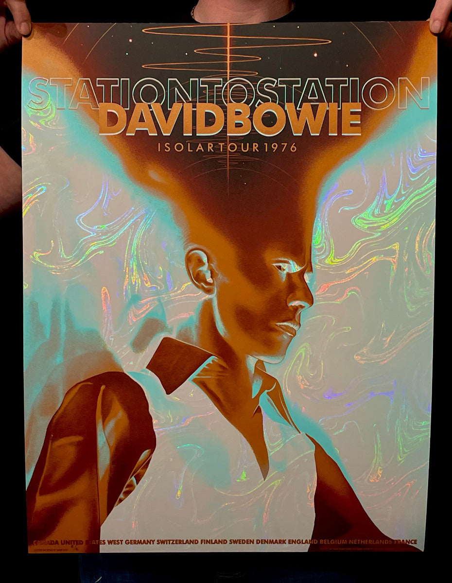 David Bowie 1976 Isolar Tour (1/1 White Oil Swirl Foil) — artwork in setting