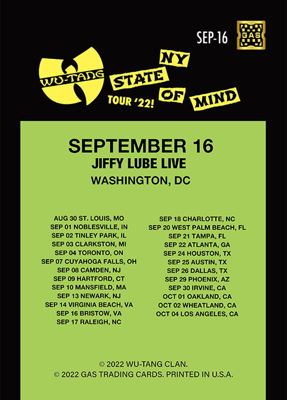Wu Tang Clan Bristow September 16, 2022 Exclusive GAS Trading Card
