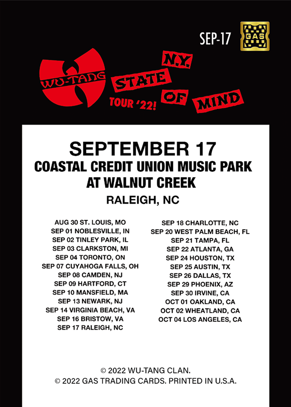 Wu Tang Clan Raleigh September 17, 2022 Exclusive GAS Trading Card