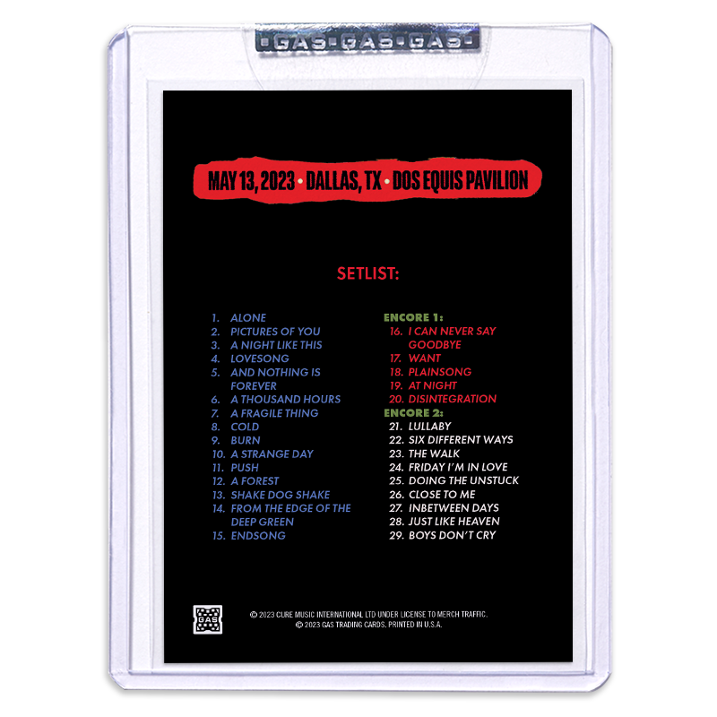 The Cure Dallas May 13, 2023 Dallas Setlist Trading Card (Second Edition Colorway)