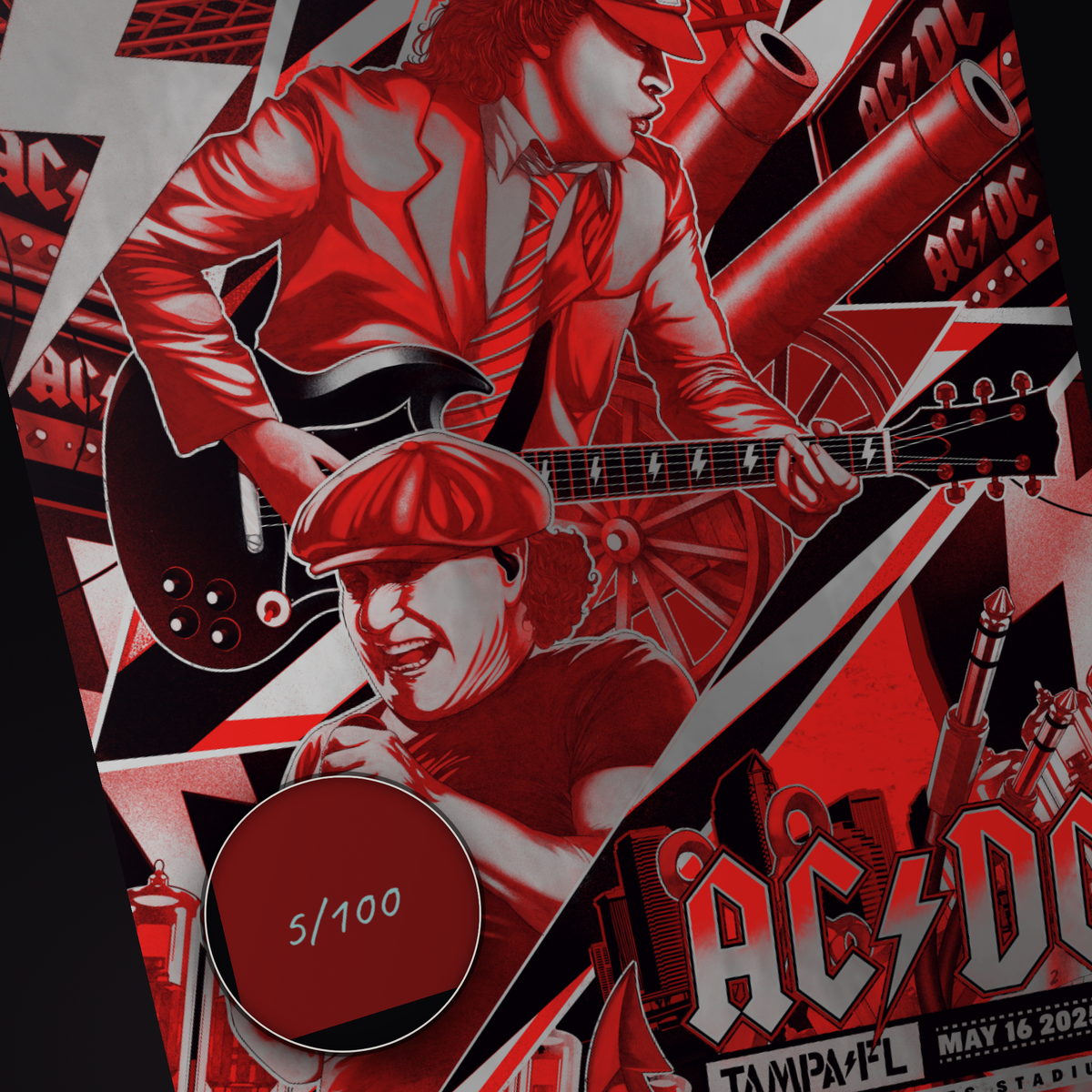 AC/DC · Tampa (Silver Foil) — hand-numbered corner detail (representative serial 5/100)