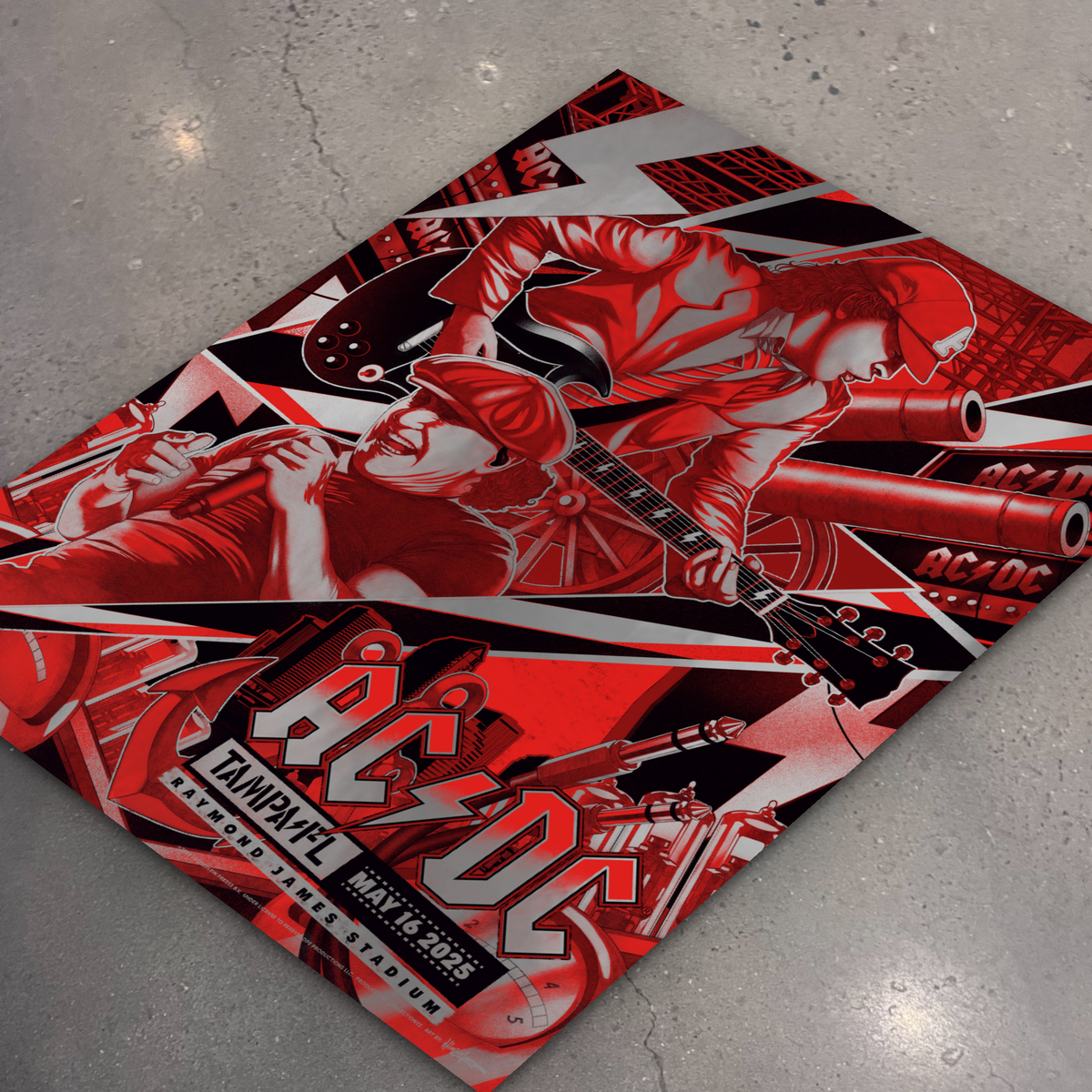 AC/DC · Tampa (Silver Foil) — flat lay on shop floor