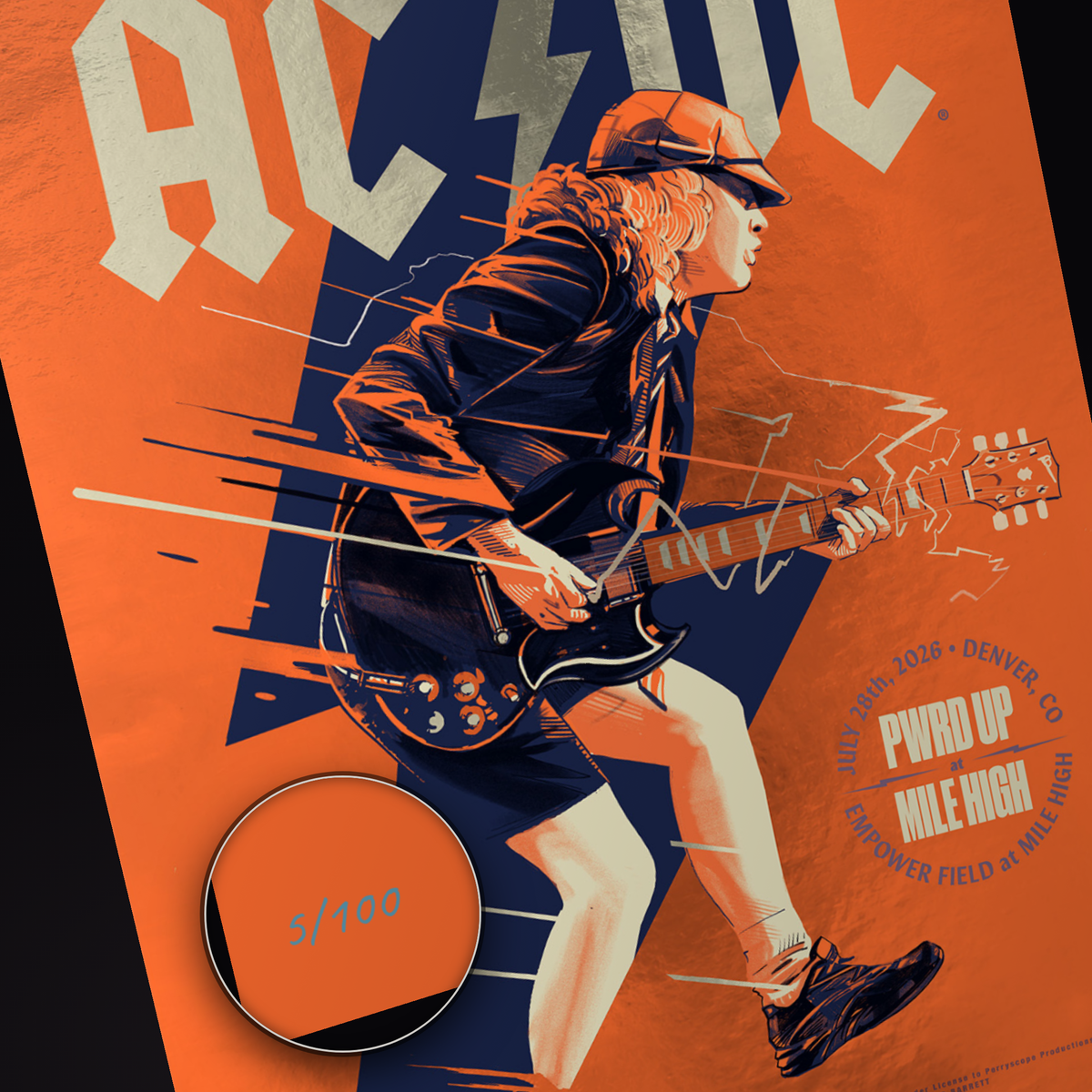 AC/DC · Denver (Foil) — hand-numbered corner detail (representative serial 5/100)