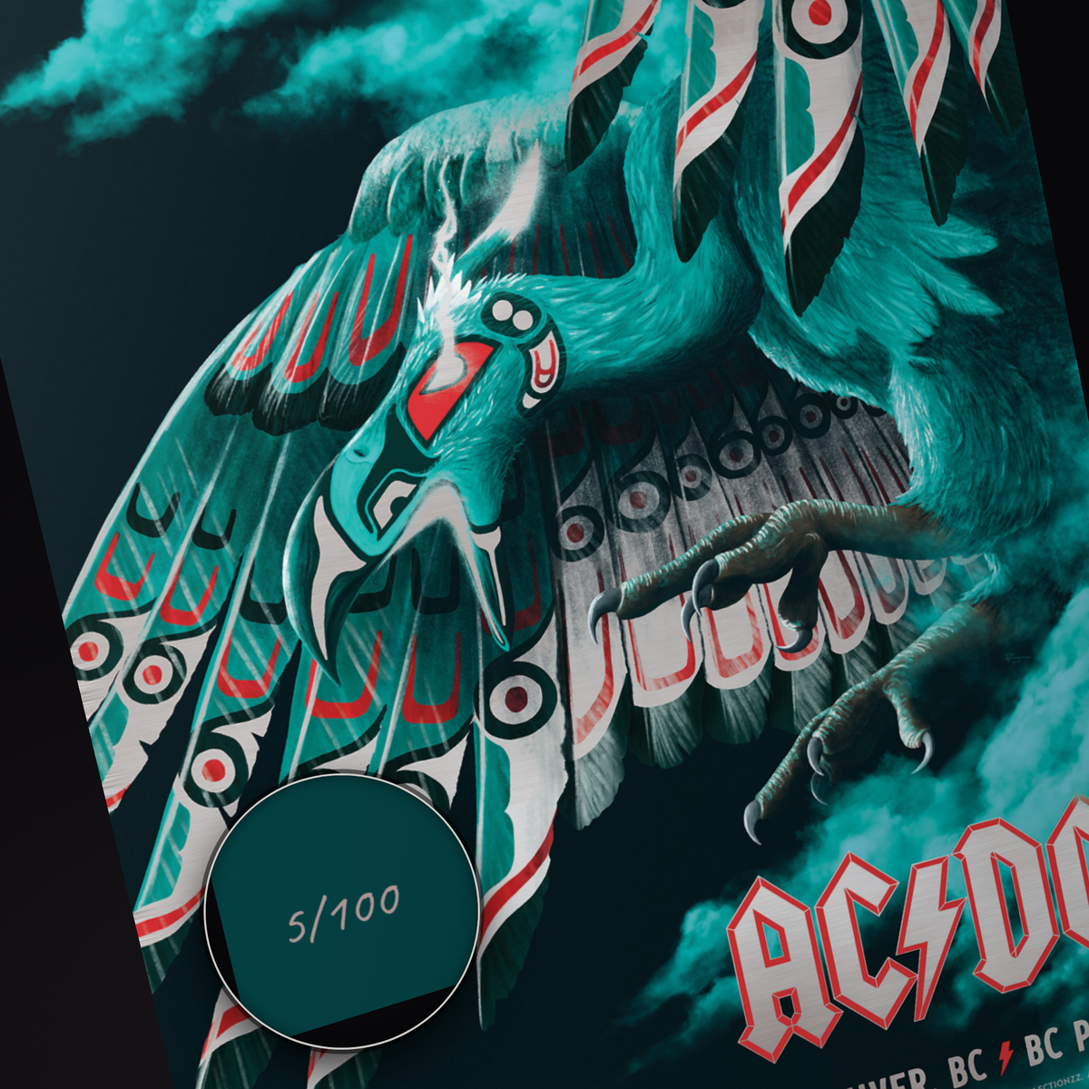 AC/DC · Vancouver (Foil) — hand-numbered corner detail (representative serial 5/100)