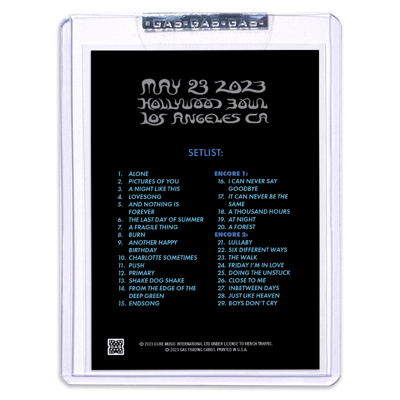 The Cure Los Angeles May 23, 2023 Setlist Trading Card