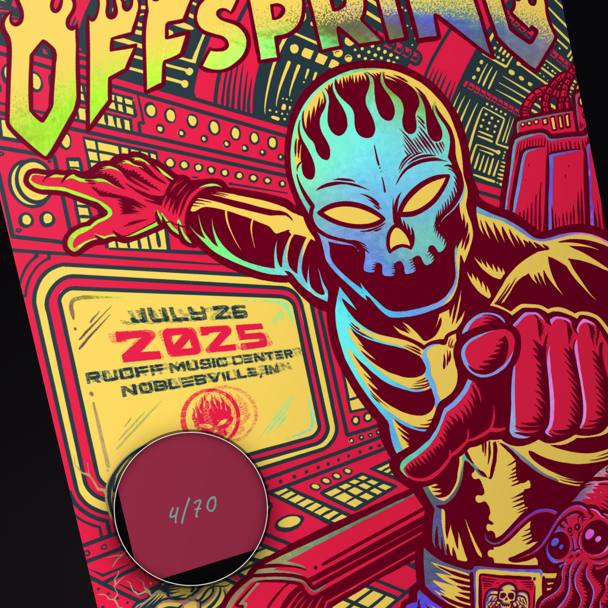 The Offspring · Noblesville (Foil) — hand-numbered corner detail (representative serial 4/70)