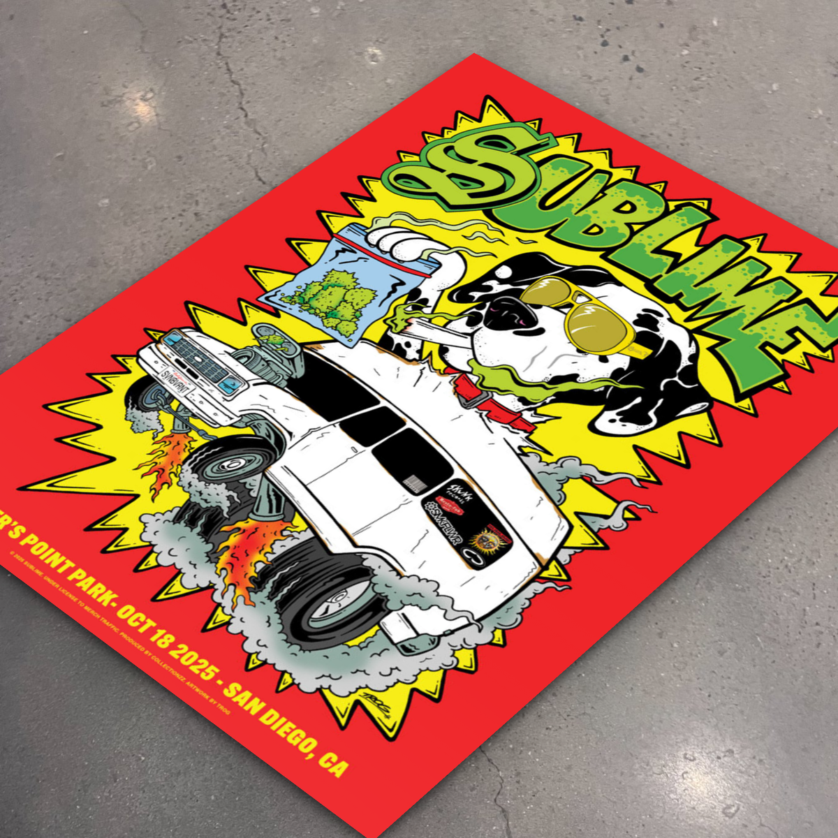 Sublime · San Diego (Bay Fest) — flat lay on shop floor