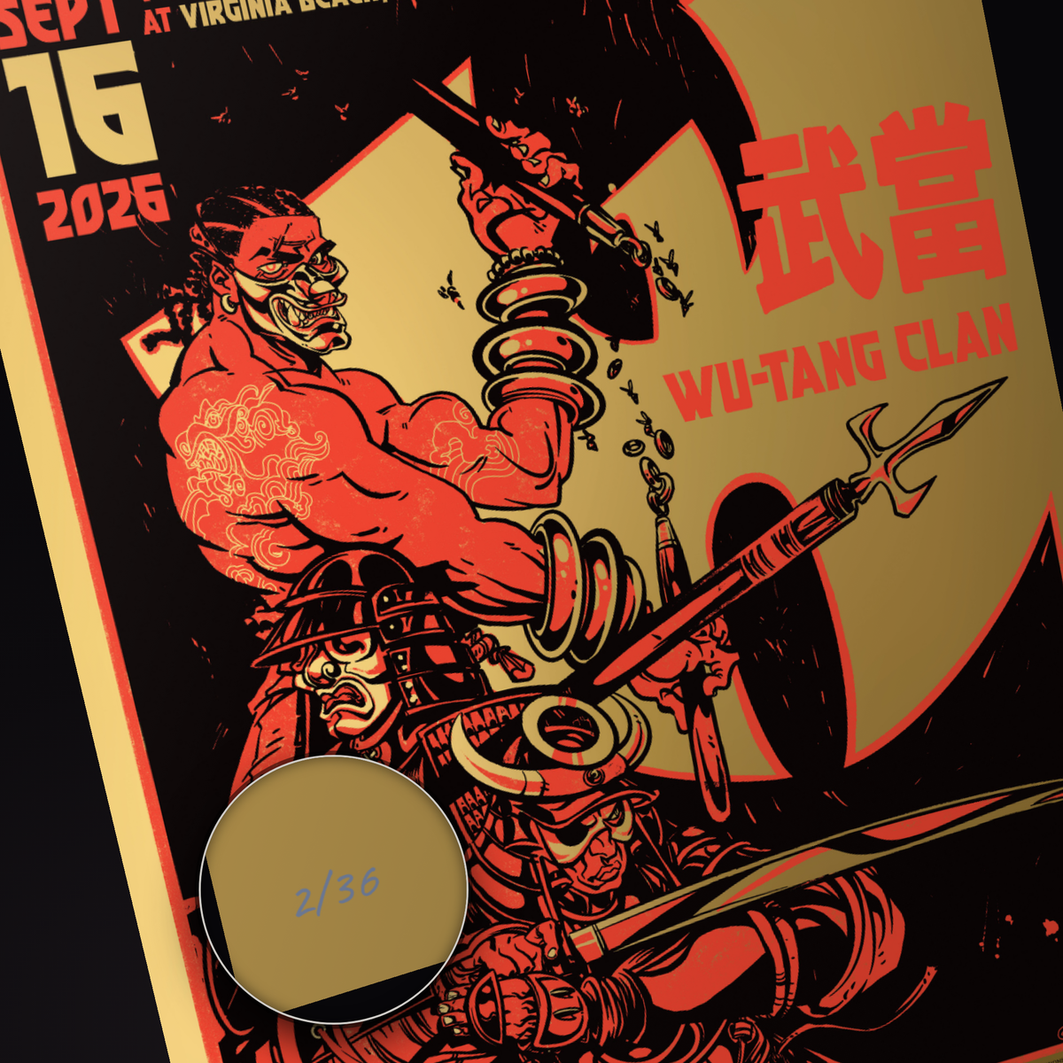 Wu-Tang Clan · Virginia Beach (Foil) — hand-numbered corner detail (representative serial 2/36)