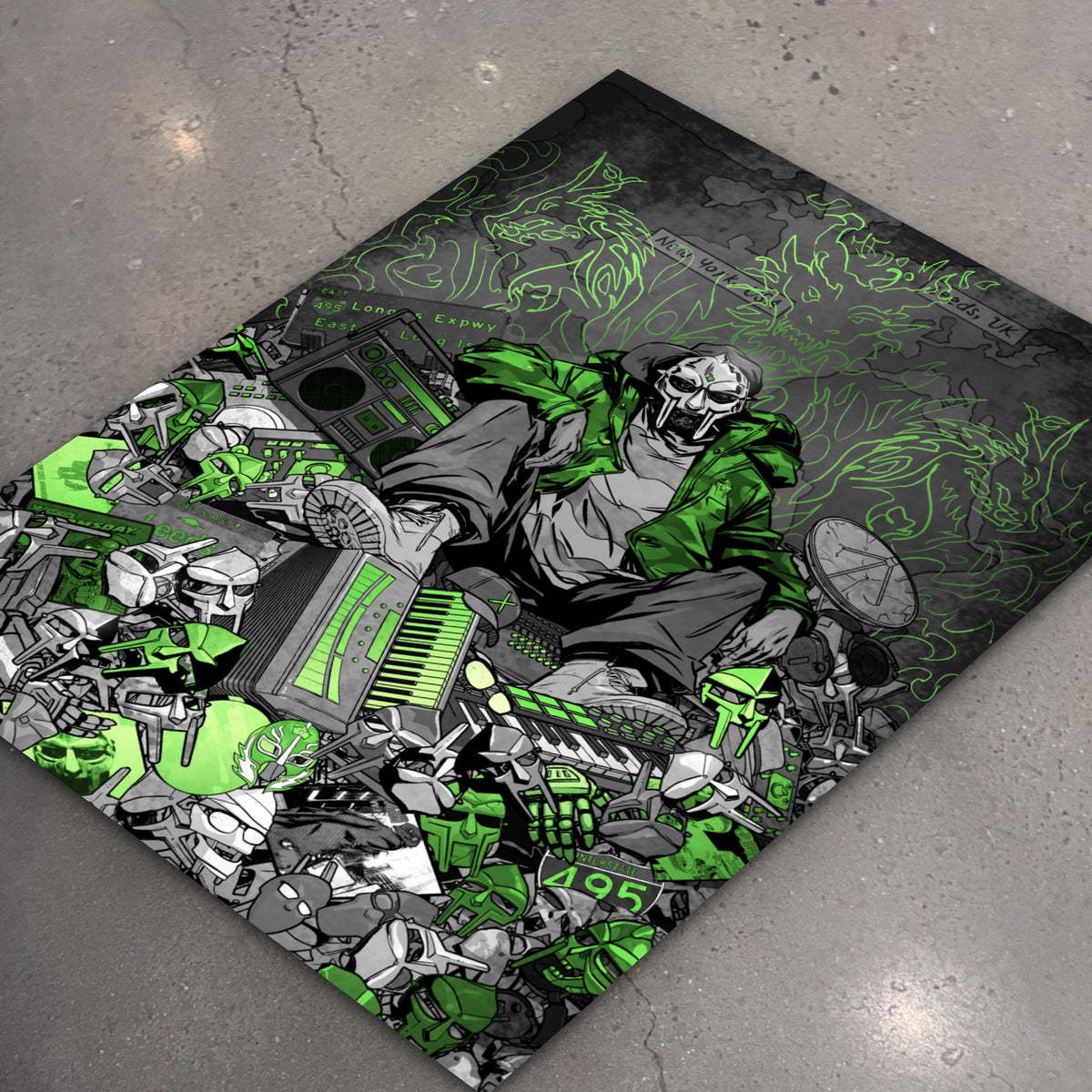 MF DOOM x Sanford Greene Print (Green & Silver Foil Edition) poster, flat lay