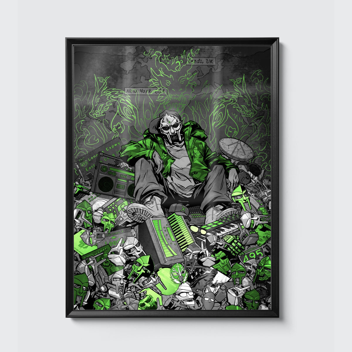 MF DOOM x Sanford Greene Print (Green & Silver Foil Edition) poster, framed on the wall