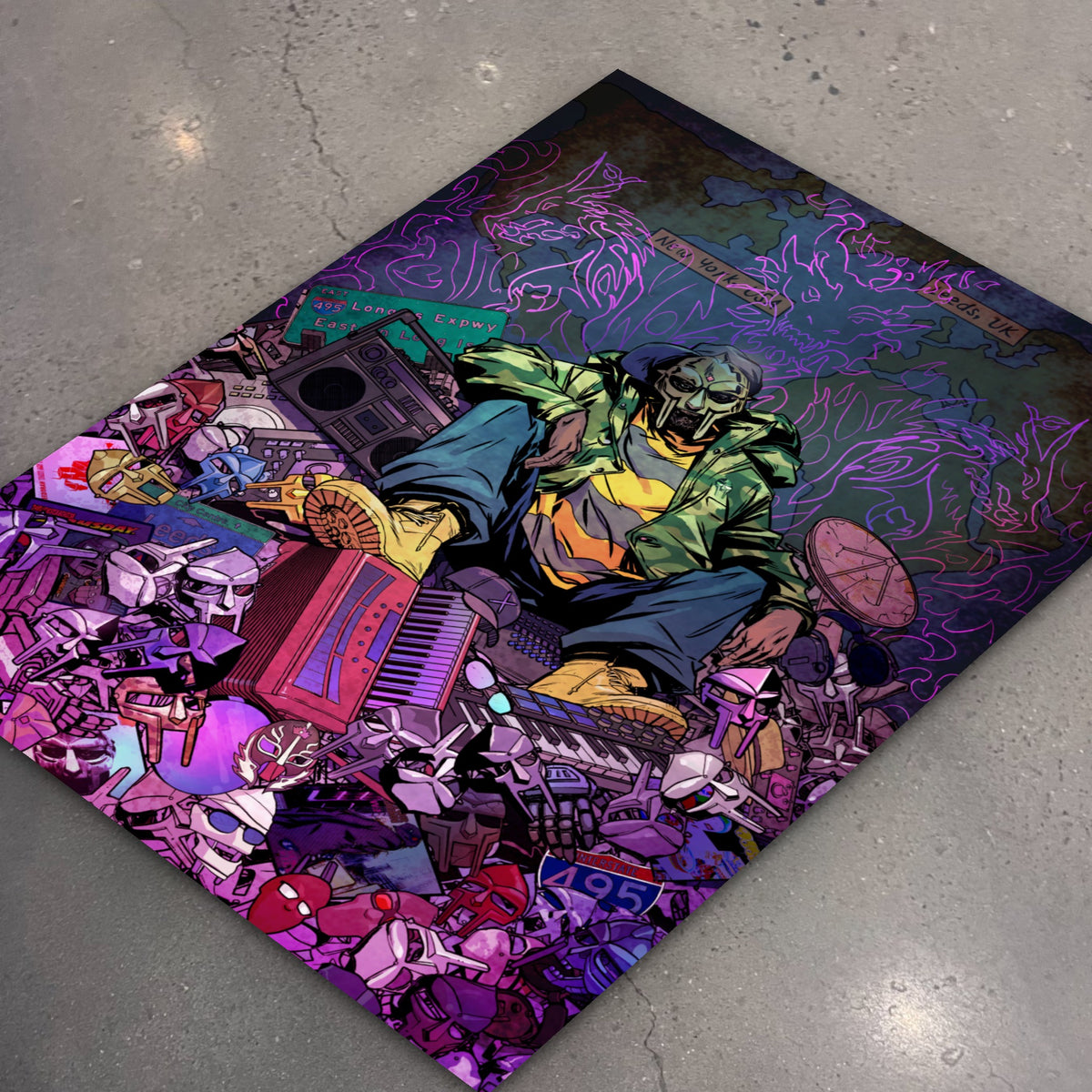 MF DOOM x Sanford Greene Print (Rainbow Foil Edition) poster, flat lay