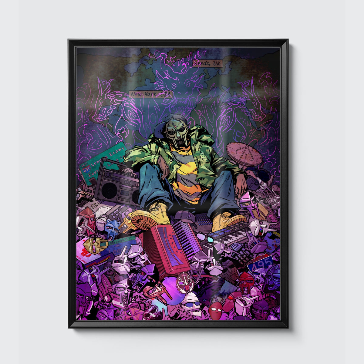 MF DOOM x Sanford Greene Print (Rainbow Foil Edition) poster, framed on the wall
