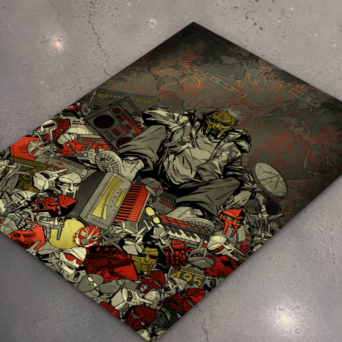 MF DOOM x Sanford Greene Print (Red & Gold Foil Edition) poster, flat lay