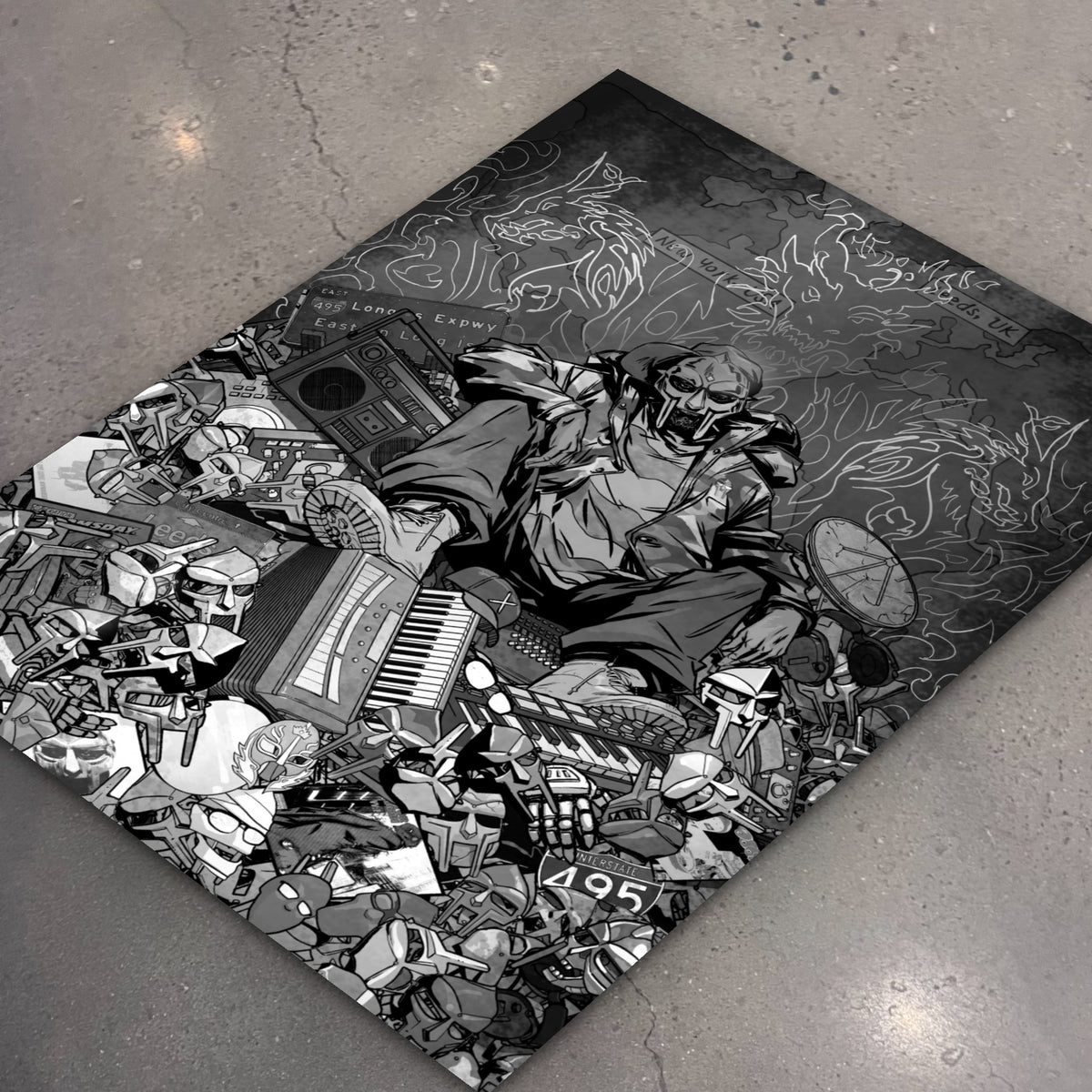 MF DOOM x Sanford Greene Print (Silver Foil Edition) poster, flat lay