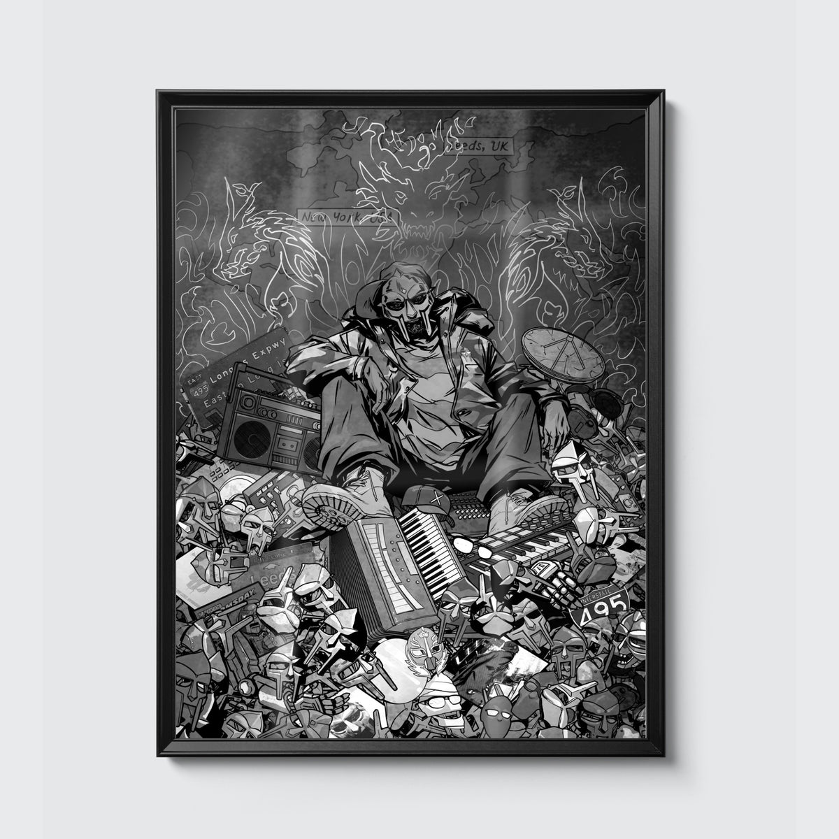 MF DOOM x Sanford Greene Print (Silver Foil Edition) poster, framed on the wall
