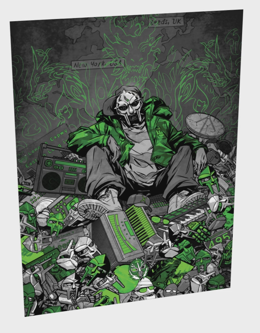 MF DOOM x Sanford Greene print green silver foil animated