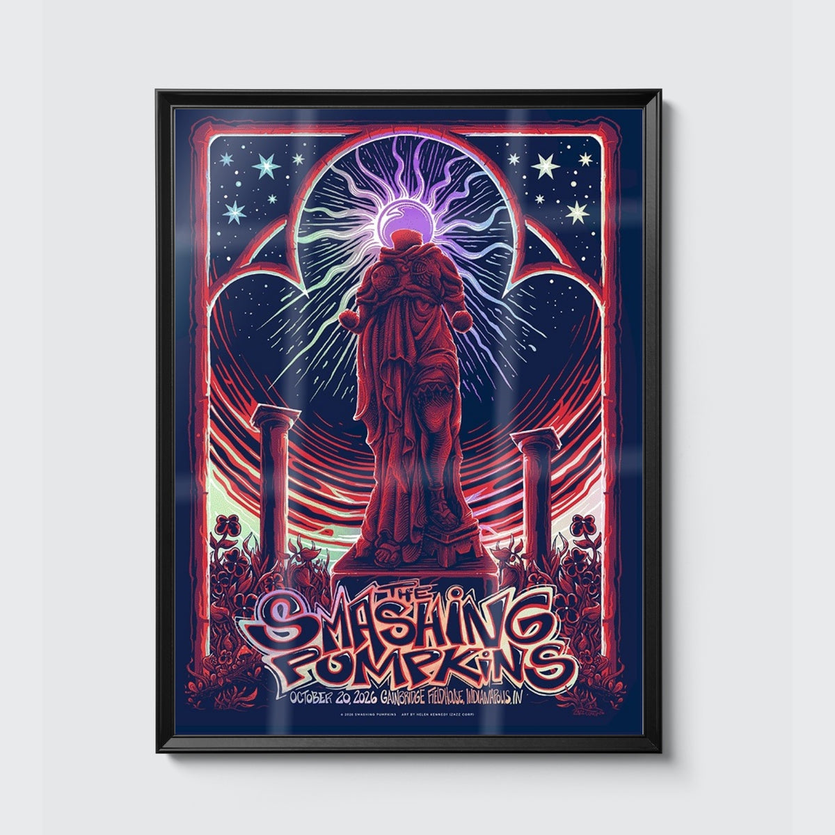 The Smashing Pumpkins Indianapolis October 20, 2026 (Foil Edition) poster, framed on the wall