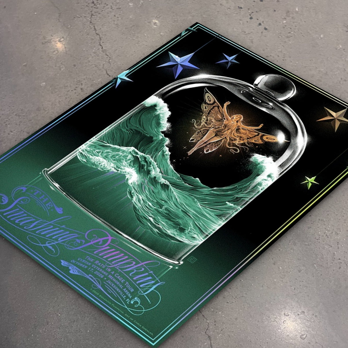 The Smashing Pumpkins Jacksonville October 17, 2026 (Foil Edition) poster, flat lay