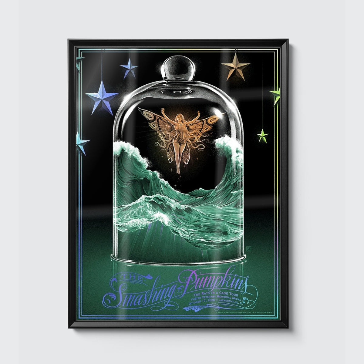 The Smashing Pumpkins Jacksonville October 17, 2026 (Foil Edition) poster, framed on the wall