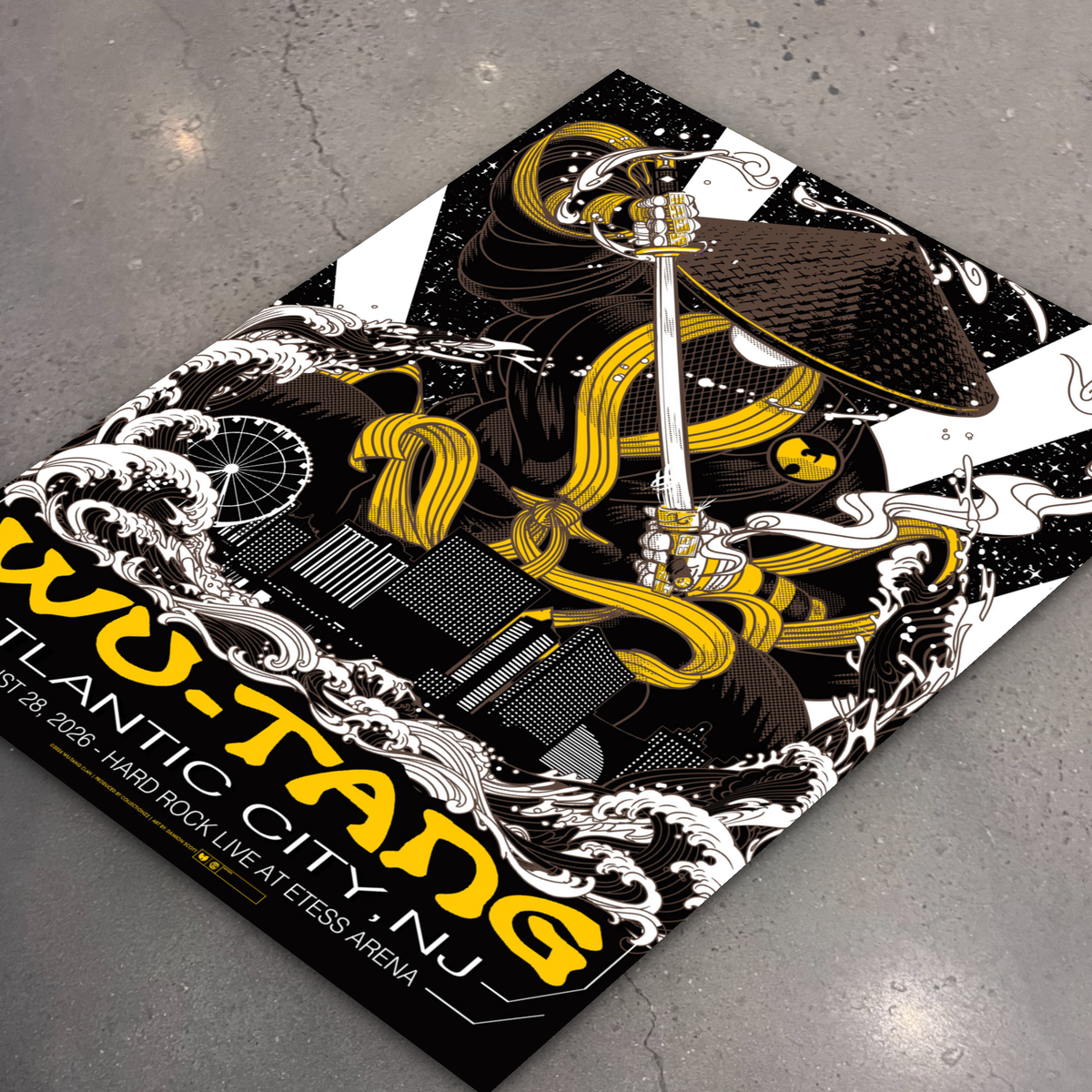 Wu-Tang Clan Atlantic City poster lying flat on the shop floor