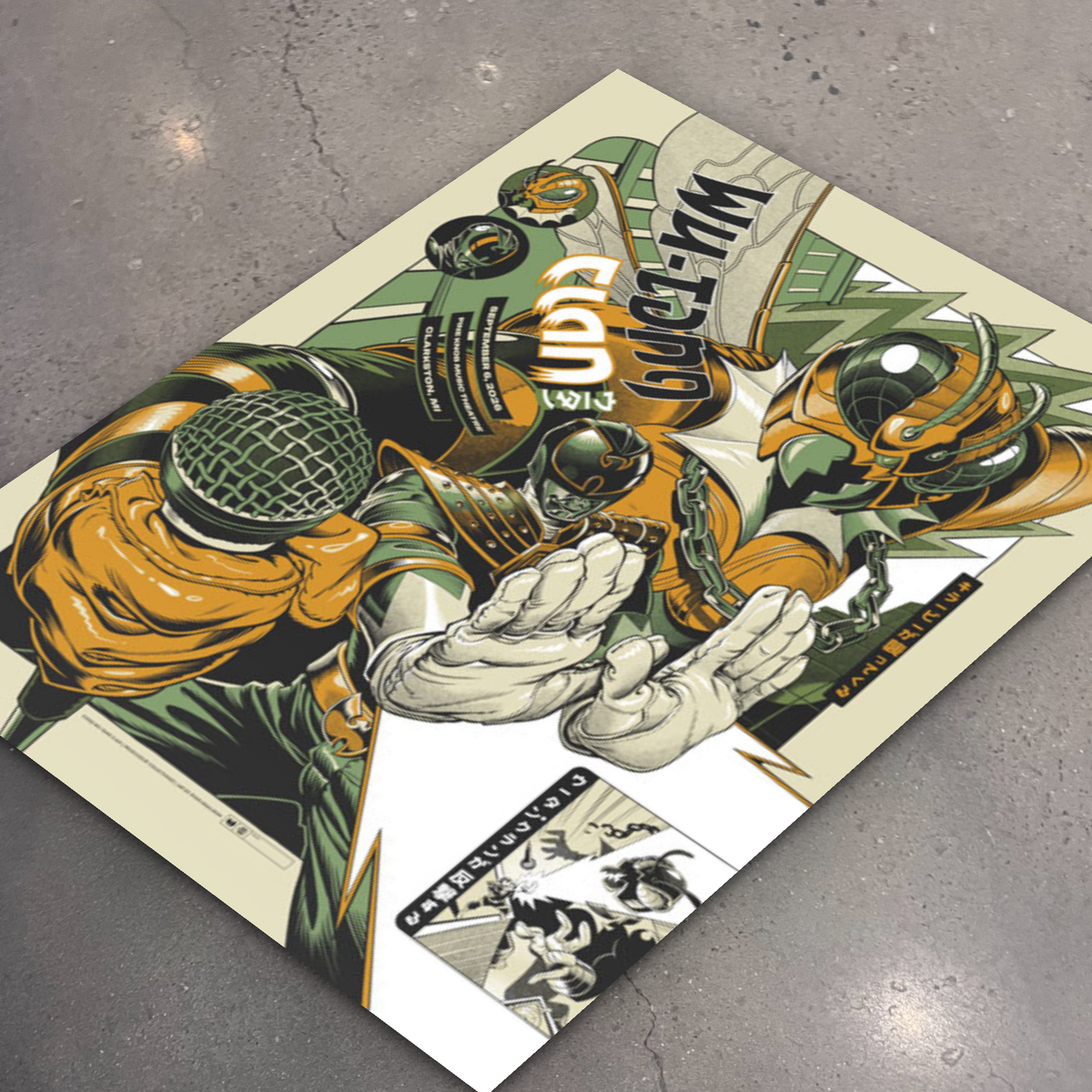 Wu-Tang Clan Clarkston poster lying flat on the shop floor