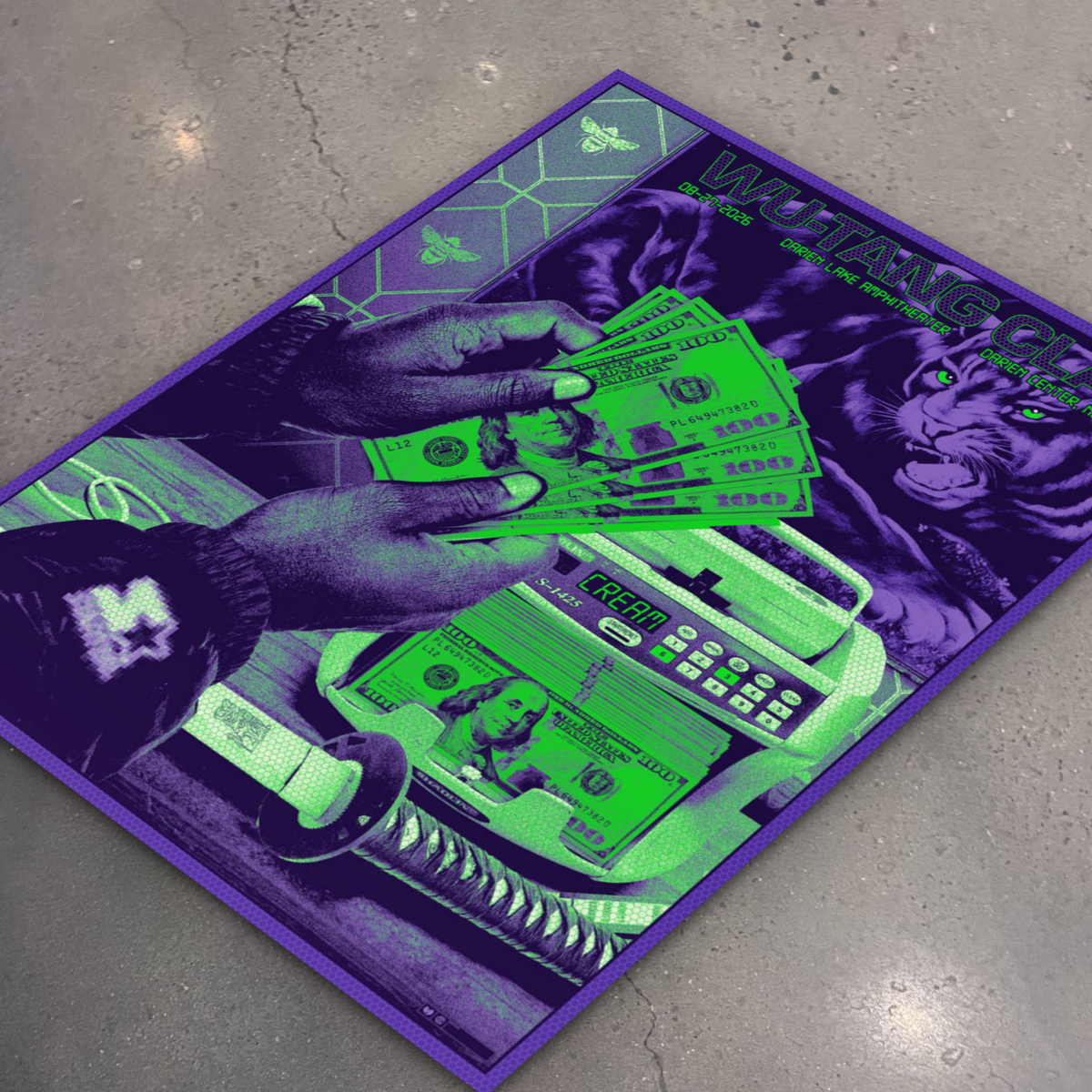 Wu-Tang Clan Darien Center poster lying flat on the shop floor