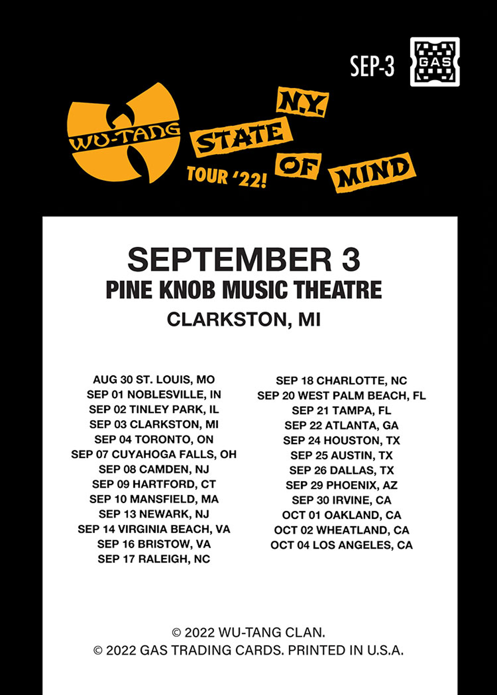 Wu Tang Clan Clarkston September 3, 2022 Exclusive GAS Trading Card