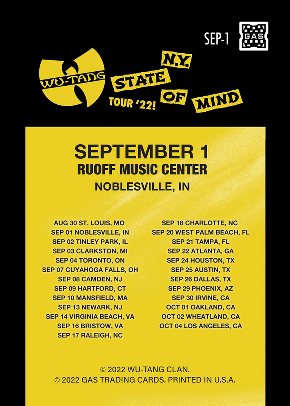 Wu Tang Clan Noblesville September 1, 2022 Exclusive GAS Trading Card