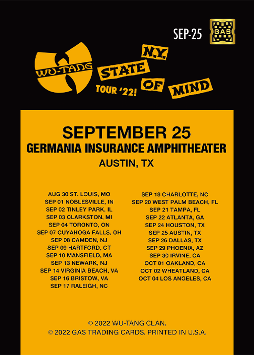 Wu Tang Clan Austin September 25, 2022 Exclusive GAS Trading Card