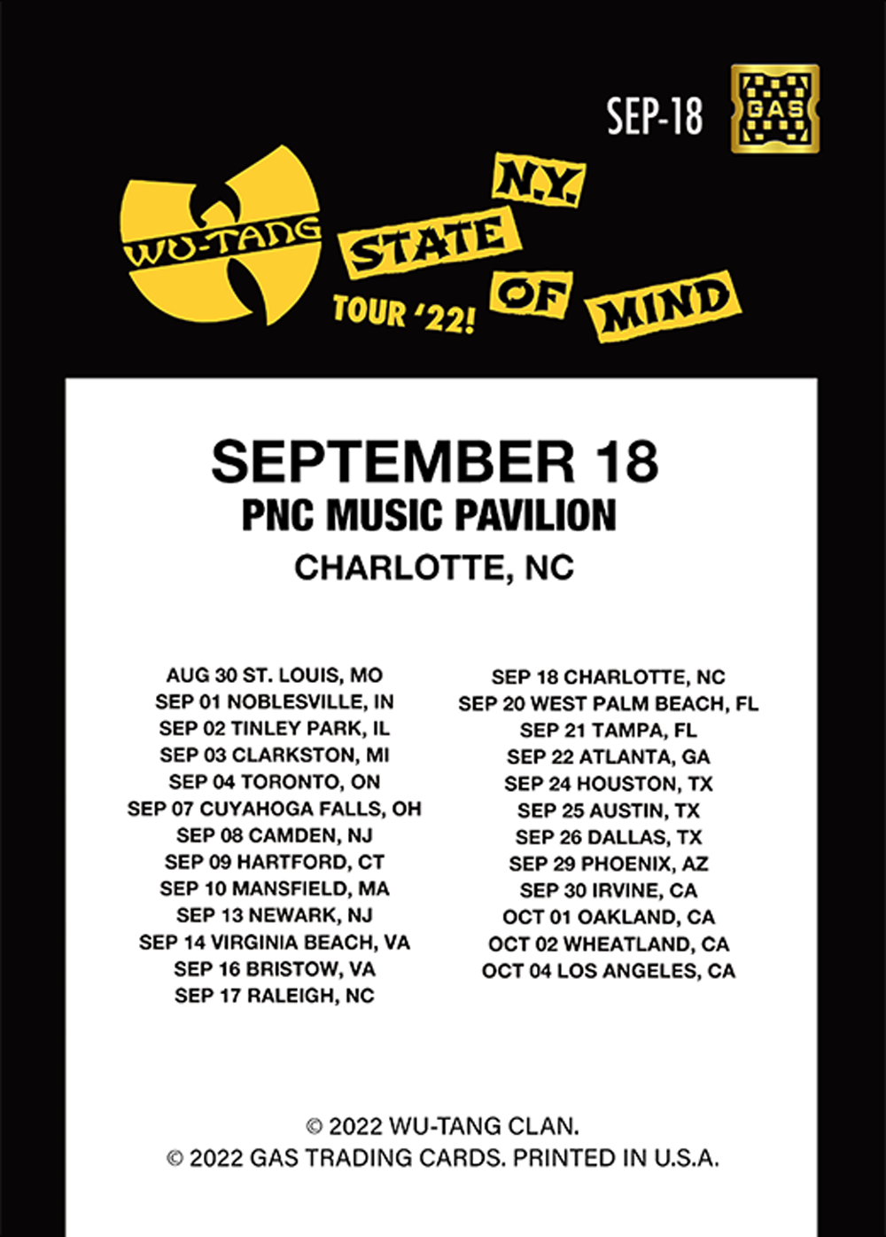 Wu Tang Clan Charlotte September 18, 2022 Exclusive GAS Trading Card