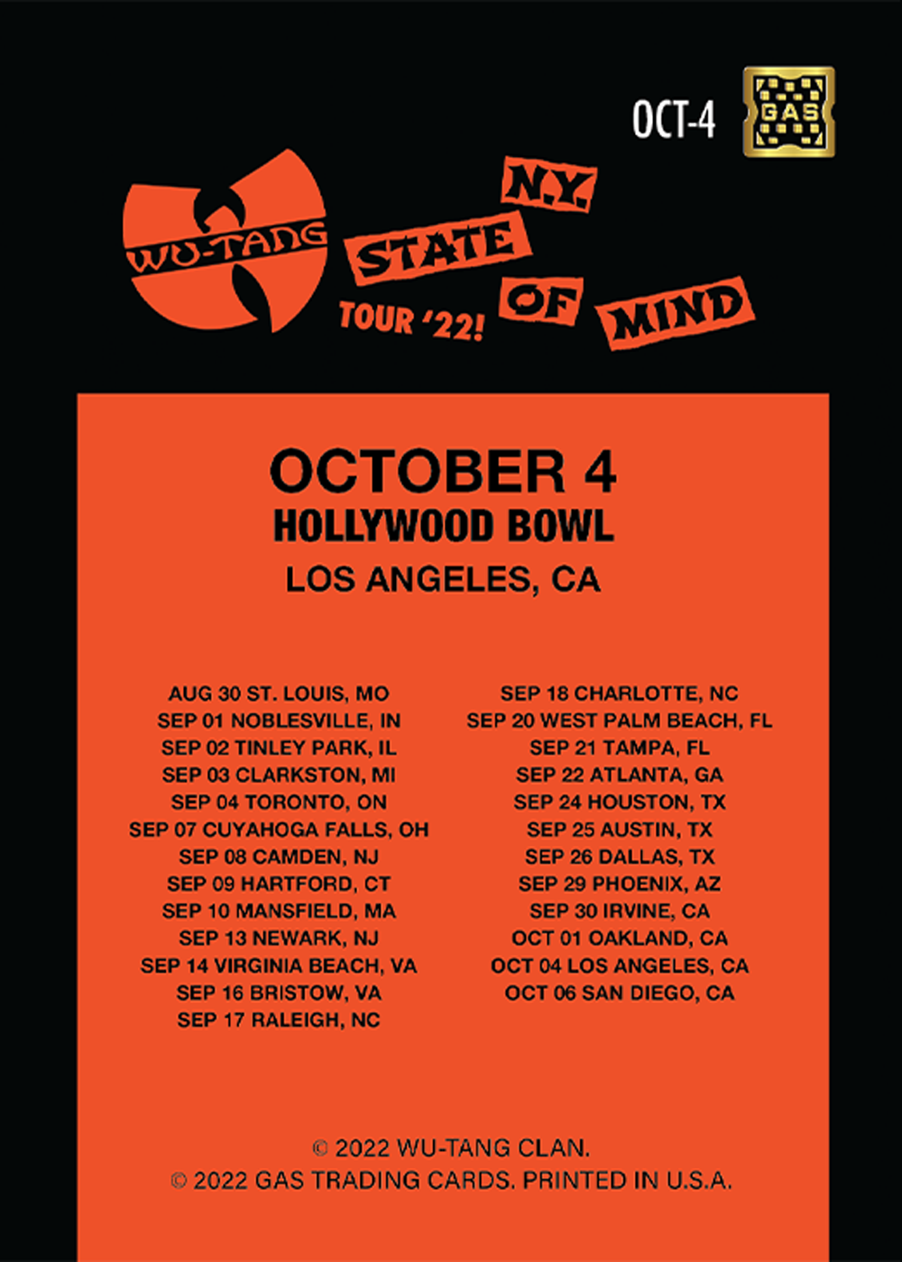 Wu Tang Clan Los Angeles October 4, 2022 Exclusive GAS Trading Card (Cooper)