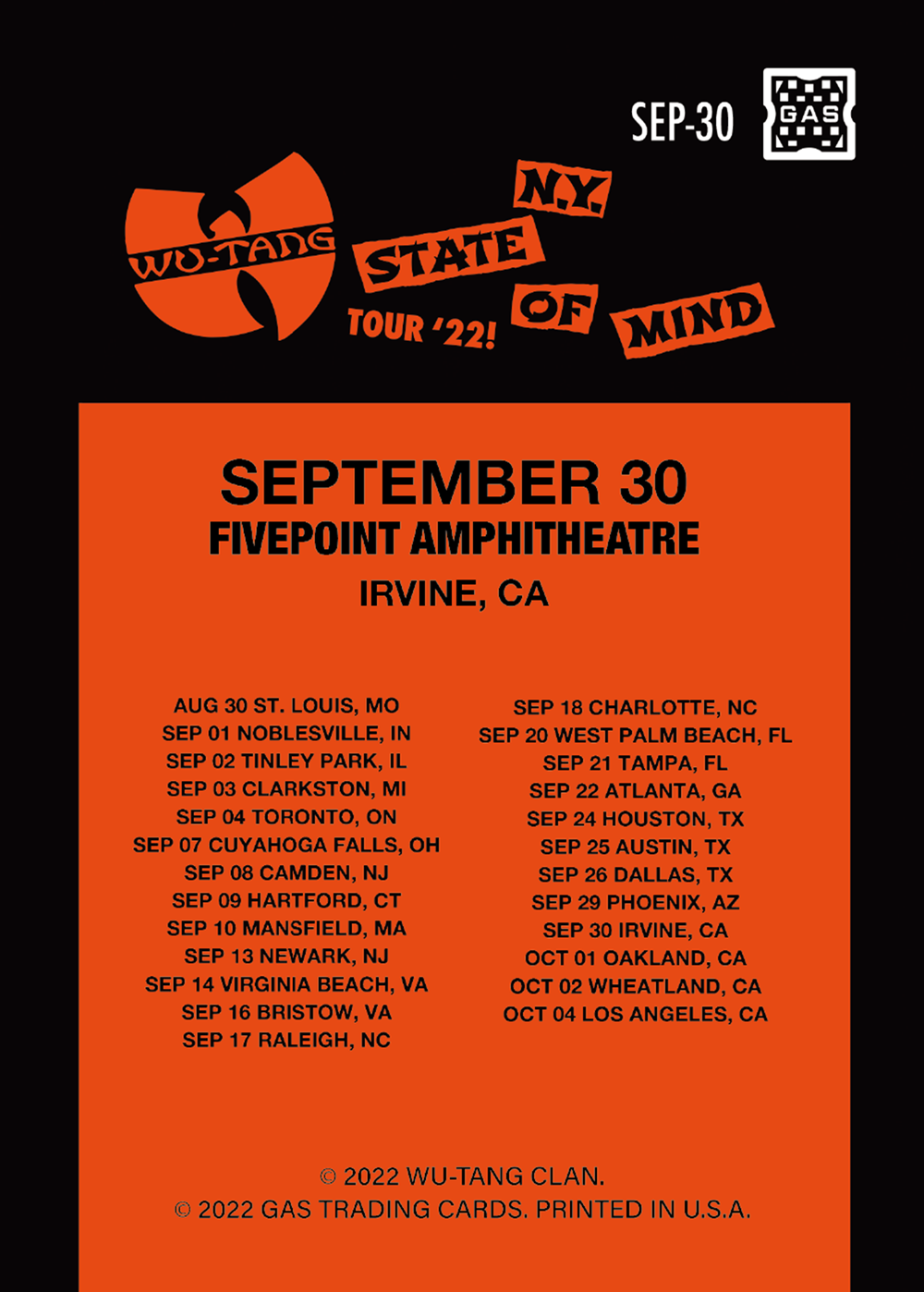 Wu Tang Clan Irvine September 30, 2022 Exclusive GAS Trading Card
