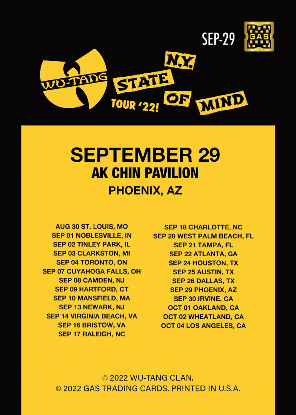 Wu Tang Clan Phoenix September 29, 2022 Exclusive GAS Trading Card