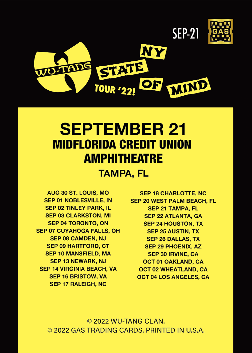 Wu Tang Clan Tampa September 21, 2022 Exclusive GAS Trading Card