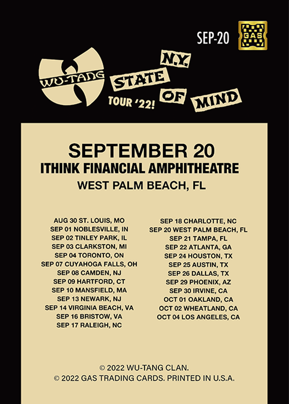 Wu Tang Clan West Palm Beach September 20, 2022 Exclusive GAS Trading Card
